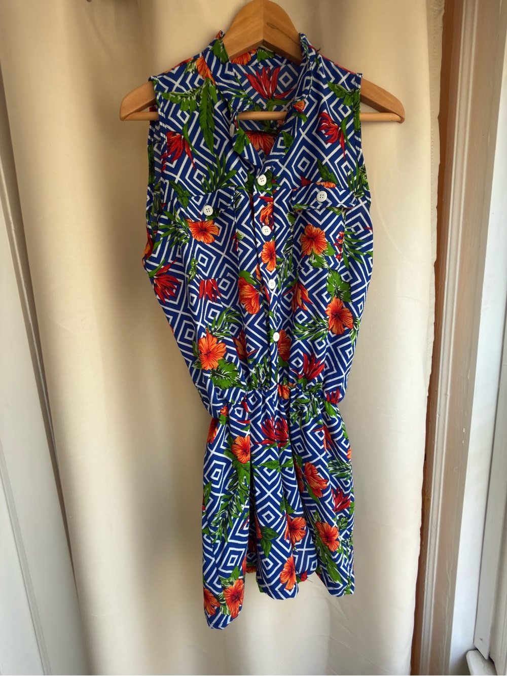 Sleeveless Blue Floral Print Romper with Elastic Waist